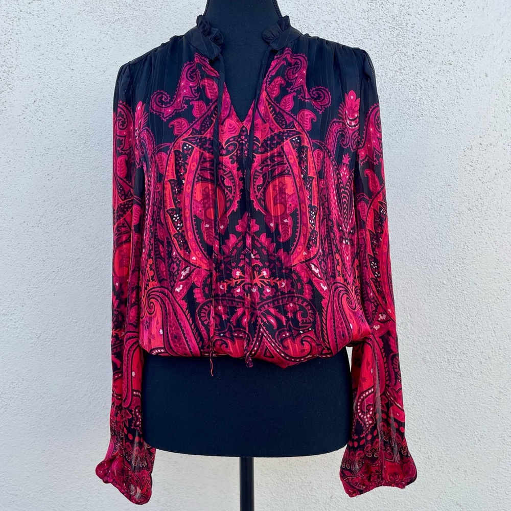 Whimsigoth Long Sleeve Blouse Black Red Sz XS Romantic Regency Ruffle Tie Neck